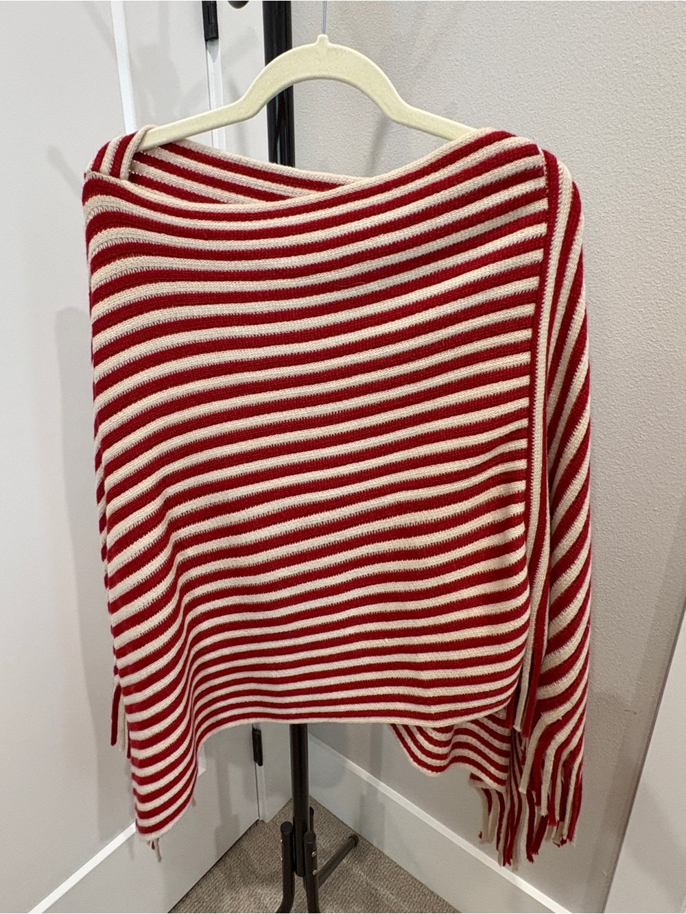 Striped Red and Cream Knit Poncho Sweater with fringe - one size